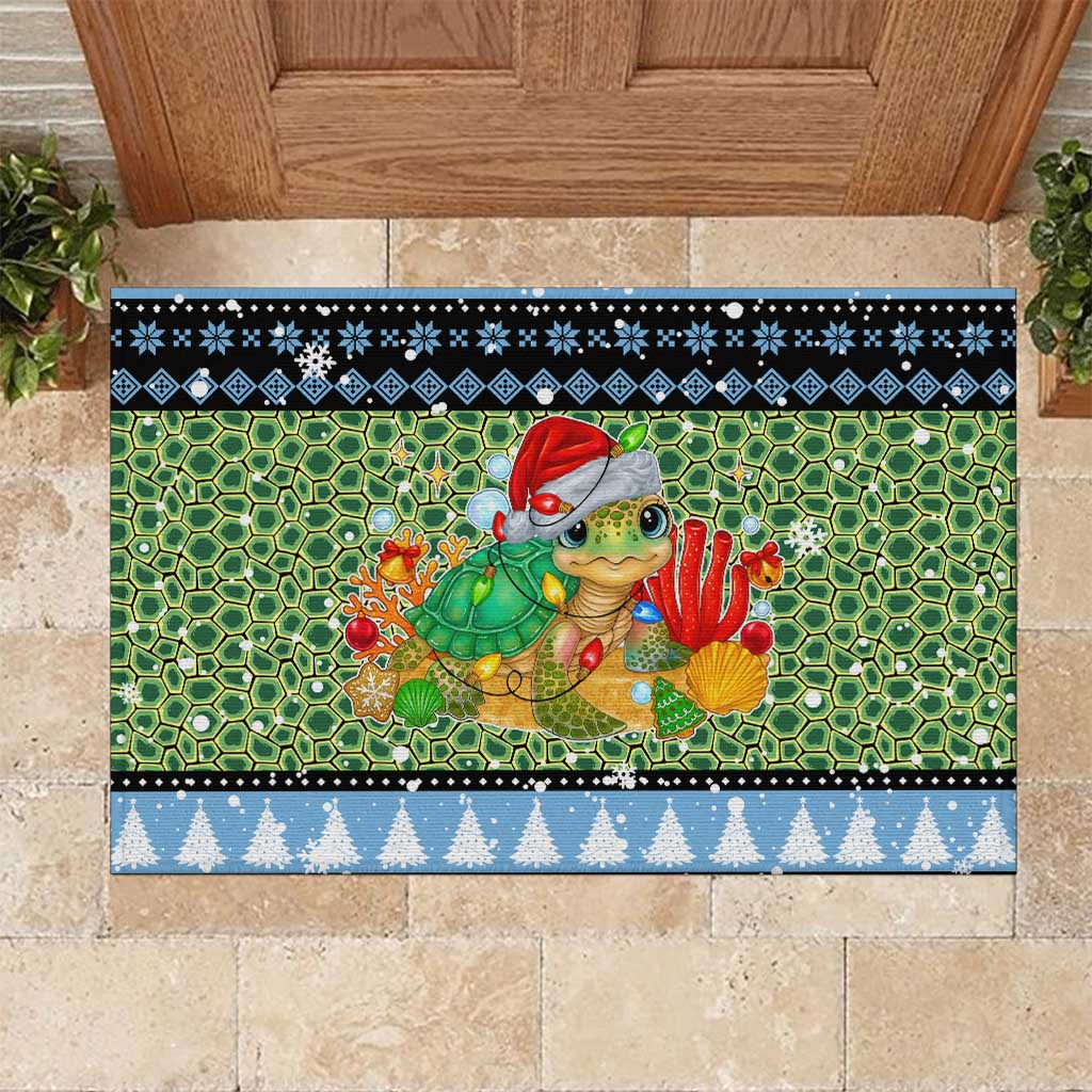 Micronesia Christmas Rubber Doormat with Santa Turtle Coral Reef and Holiday Ocean Pattern TS04 Black Green - Polynesian Pride
