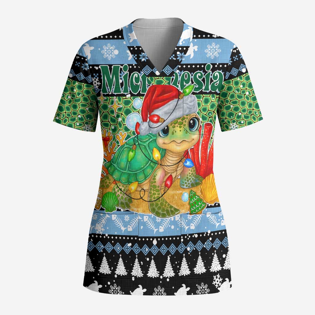 Micronesia Christmas Scrub Top with Santa Turtle Coral Reef and Holiday Ocean Pattern - Polynesian Pride