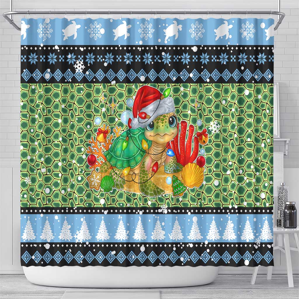 Micronesia Christmas Shower Curtain with Santa Turtle Coral Reef and Holiday Ocean Pattern - Polynesian Pride