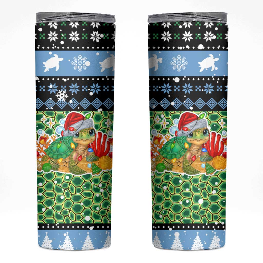 Micronesia Christmas Skinny Tumbler with Santa Turtle Coral Reef and Holiday Ocean Pattern - Polynesian Pride