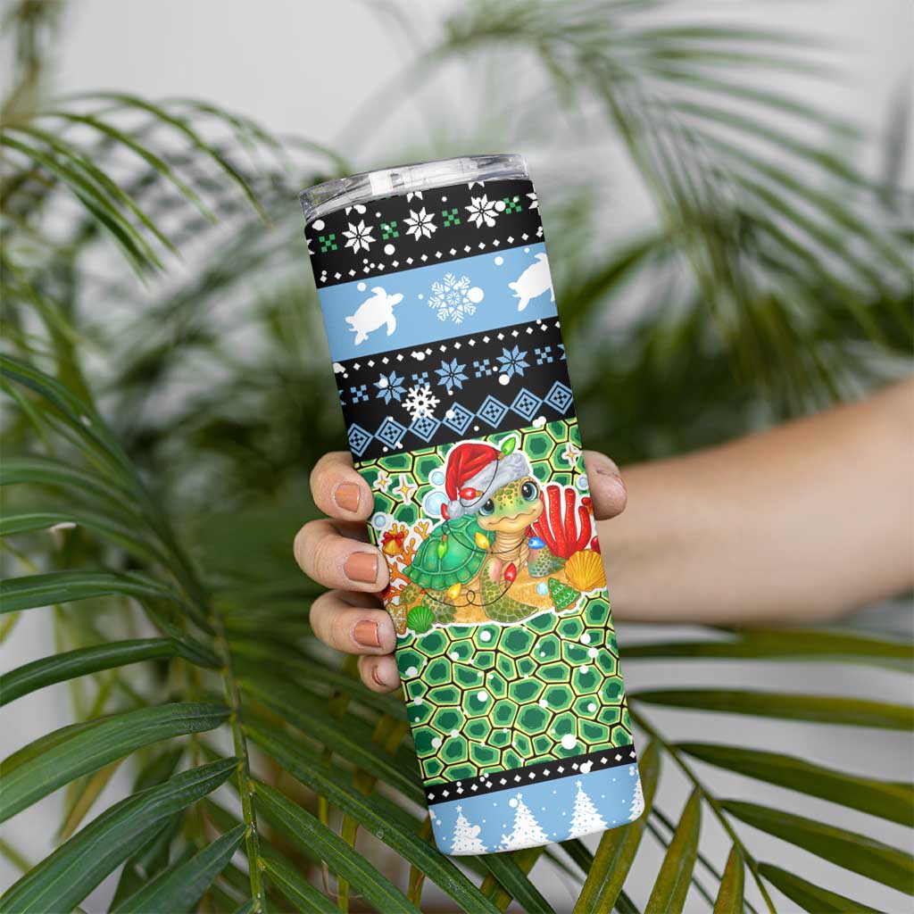 Micronesia Christmas Skinny Tumbler with Santa Turtle Coral Reef and Holiday Ocean Pattern - Polynesian Pride