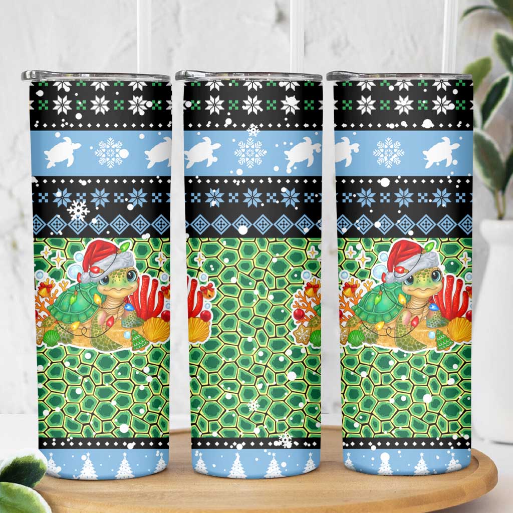 Micronesia Christmas Skinny Tumbler with Santa Turtle Coral Reef and Holiday Ocean Pattern - Polynesian Pride