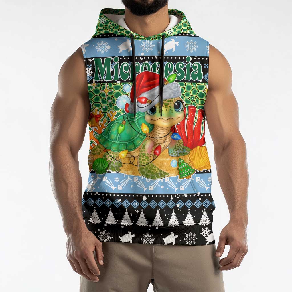 Micronesia Christmas Sleeveless Hoodie with Santa Turtle Coral Reef and Holiday Ocean Pattern - Polynesian Pride