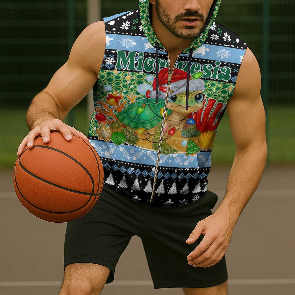 Micronesia Christmas Sleeveless Zip Hoodie with Santa Turtle Coral Reef and Holiday Ocean Pattern - Polynesian Pride