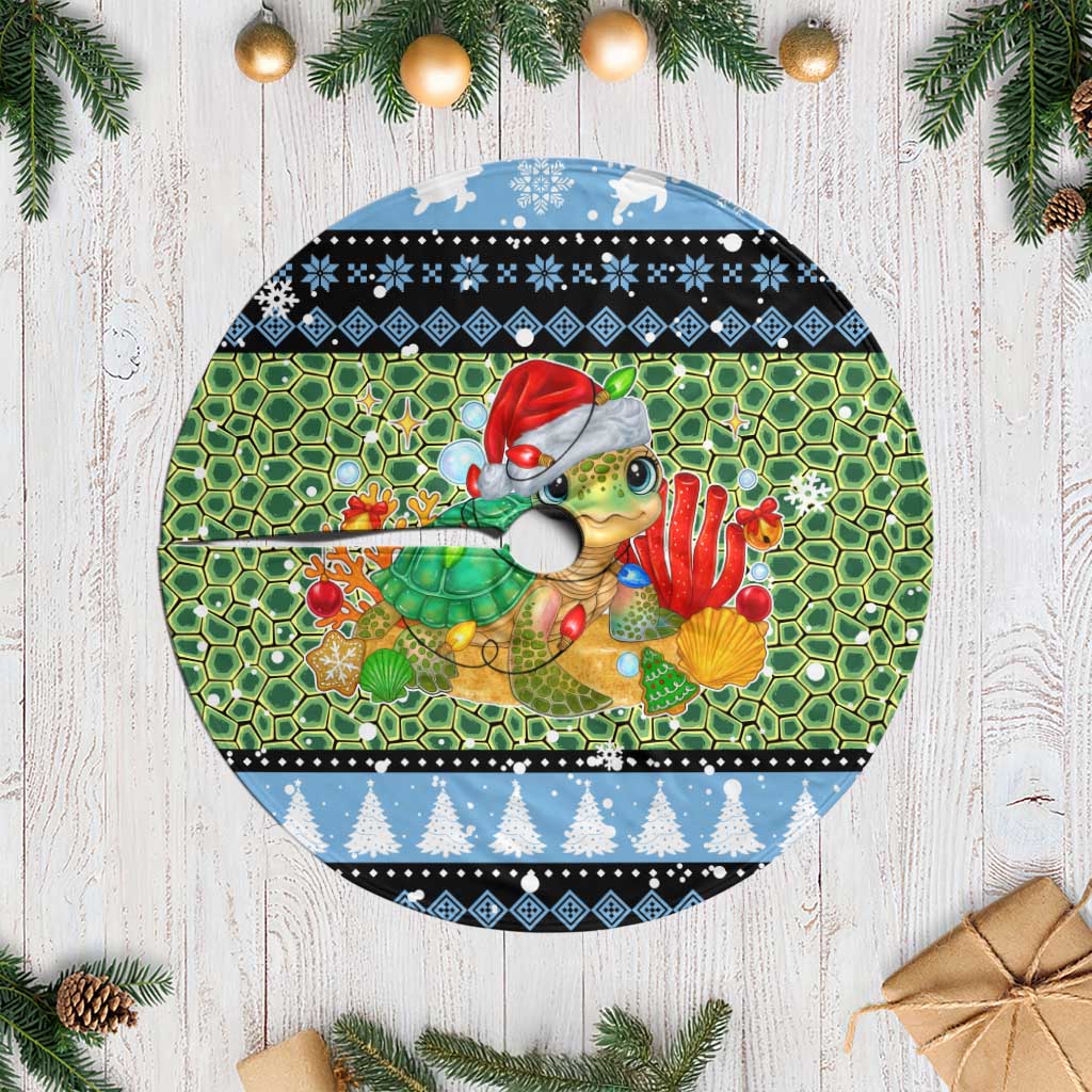 Micronesia Christmas Tree Skirt with Santa Turtle Coral Reef and Holiday Ocean Pattern TS04 Casual Black Green - Polynesian Pride