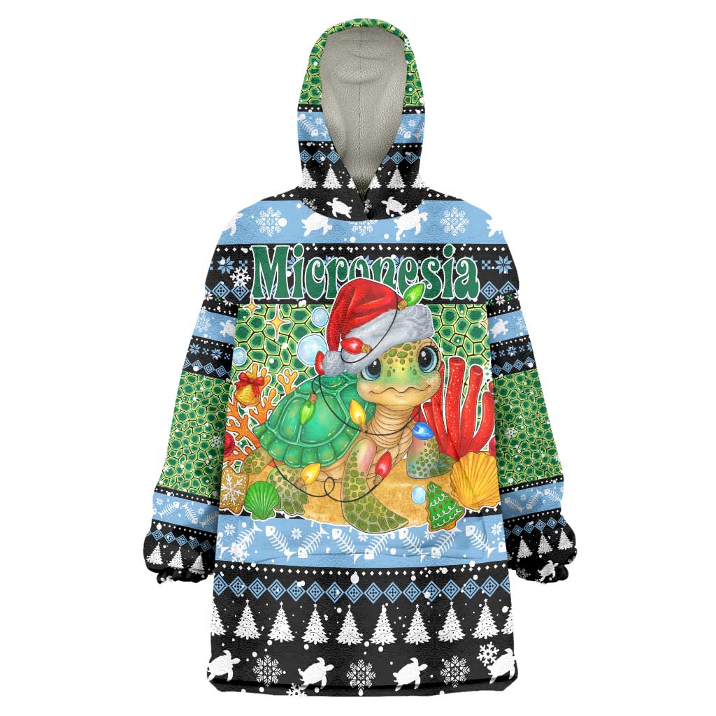 Micronesia Christmas Wearable Blanket Hoodie with Santa Turtle Coral Reef and Holiday Ocean Pattern TS04 One Size Black Green - Polynesian Pride