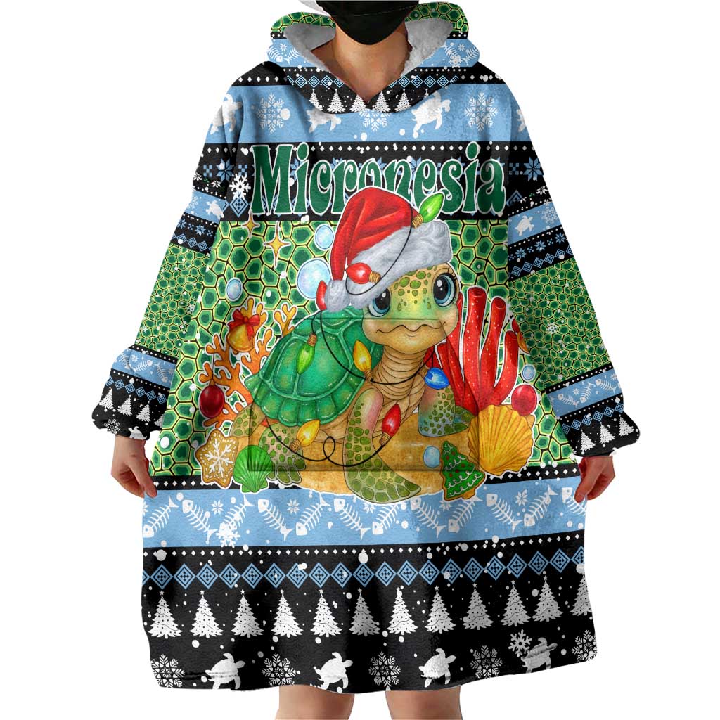 Micronesia Christmas Wearable Blanket Hoodie with Santa Turtle Coral Reef and Holiday Ocean Pattern TS04 - Polynesian Pride