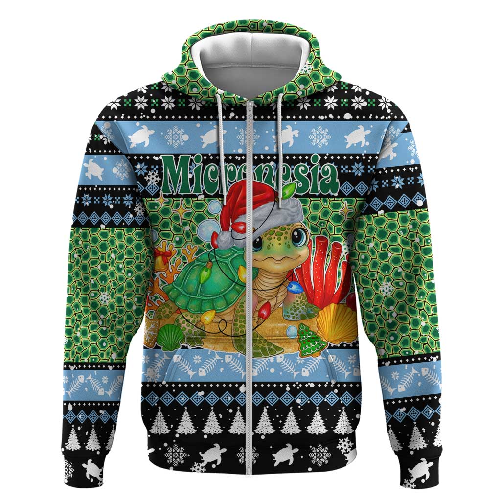 Micronesia Christmas Zip Hoodie with Santa Turtle Coral Reef and Holiday Ocean Pattern TS04 Zip Hoodie Black Green - Polynesian Pride