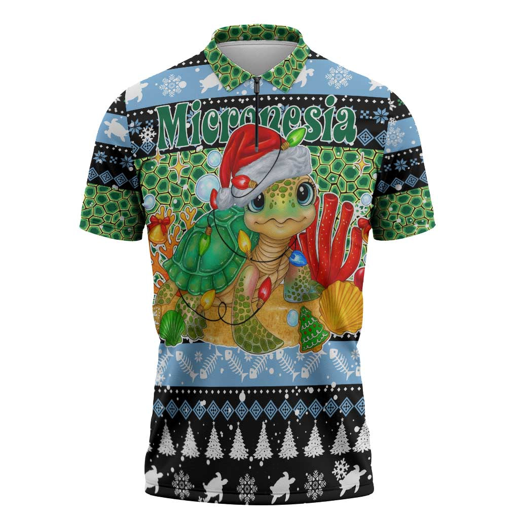 Micronesia Christmas Zipper Polo Shirt with Santa Turtle Coral Reef and Holiday Ocean Pattern - Polynesian Pride