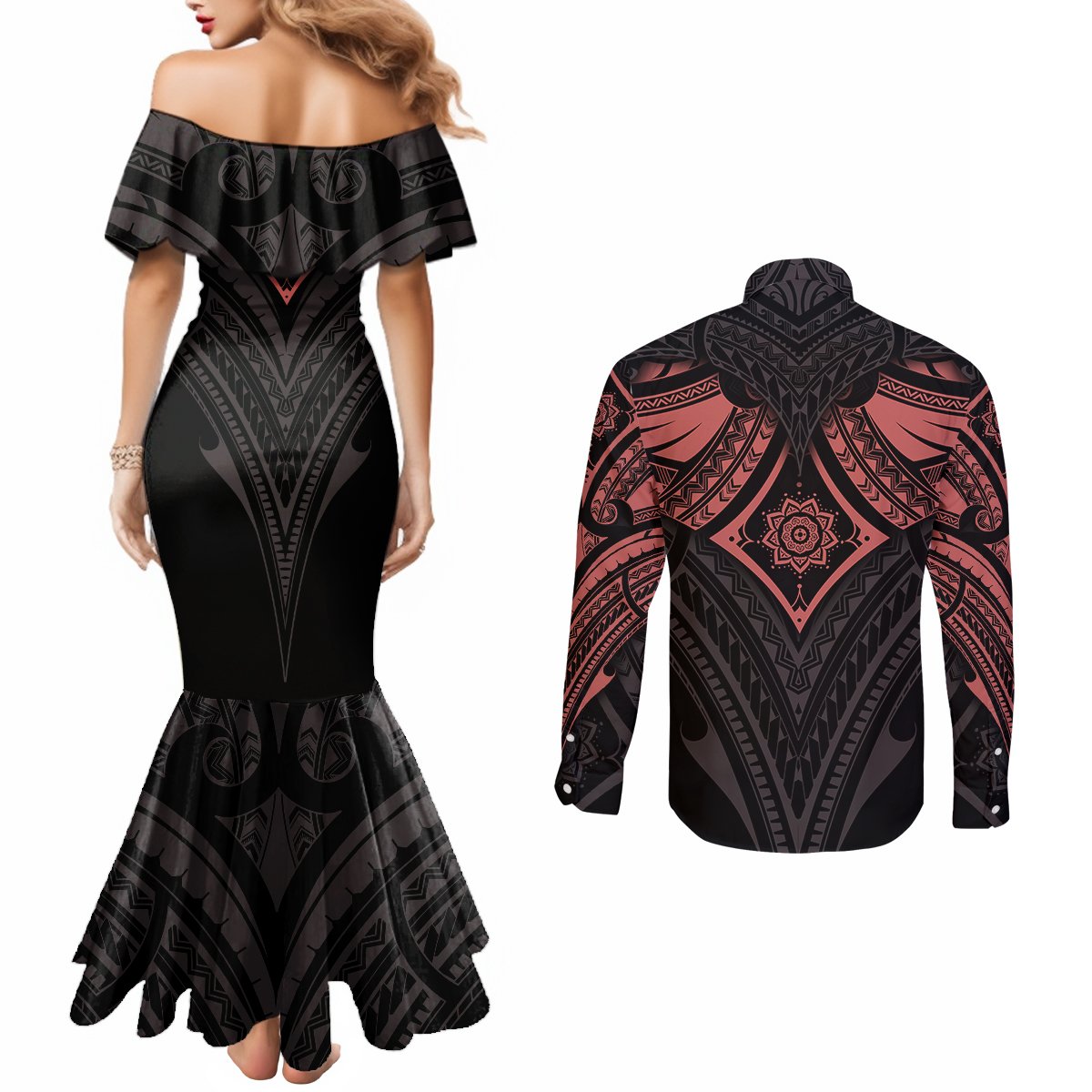 Feminine Polynesian Couples Matching Mermaid Dress and Long Sleeve Button Shirts Mandala Tattoo Style TS04 - Polynesian Pride