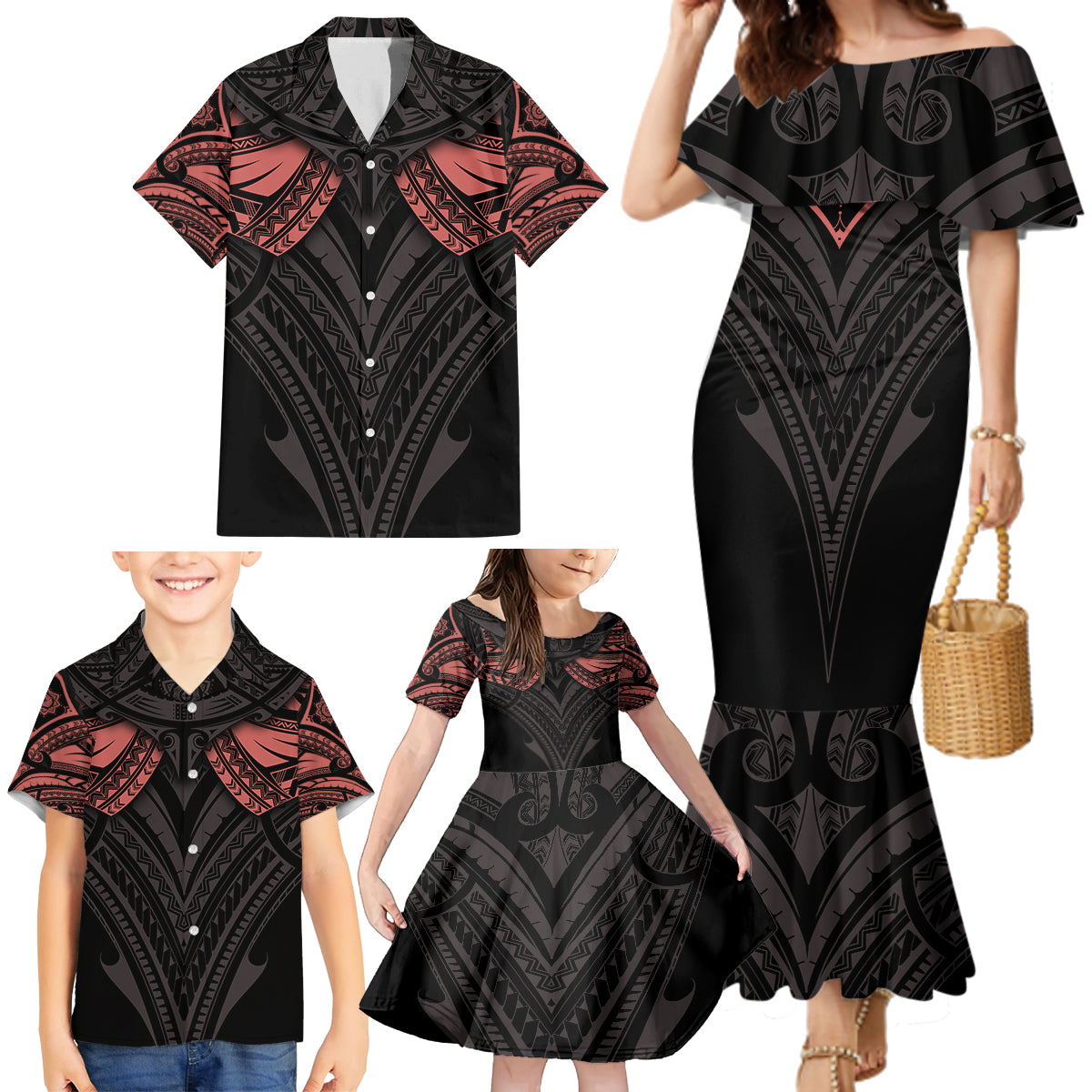 Feminine Polynesian Family Matching Mermaid Dress and Hawaiian Shirt Mandala Tattoo Style TS04 - Polynesian Pride