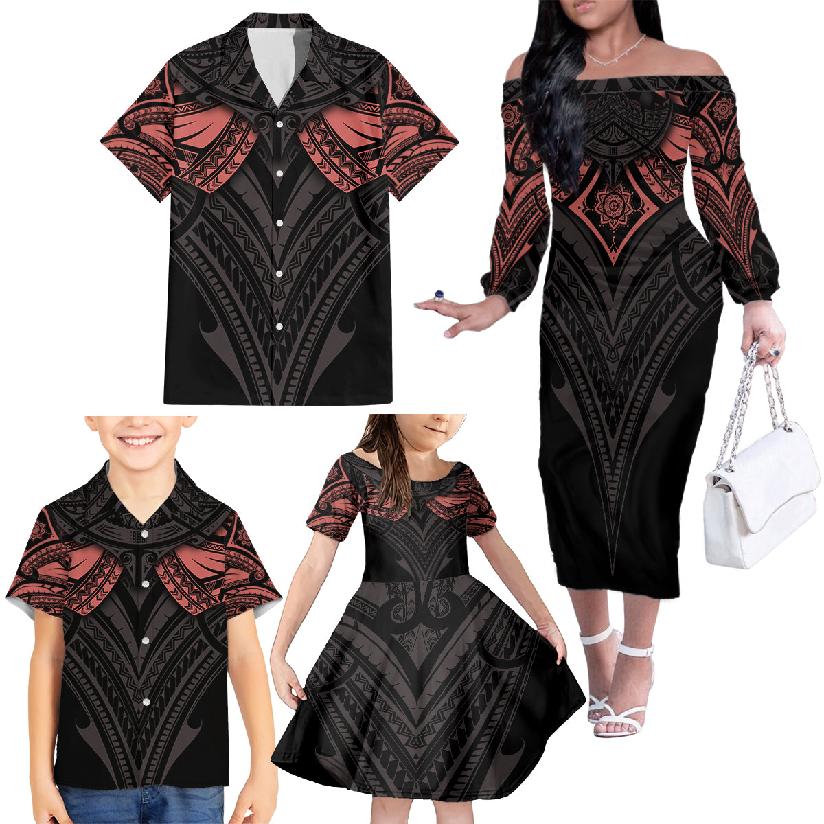 Feminine Polynesian Family Matching Off Shoulder Long Sleeve Dress and Hawaiian Shirt Mandala Tattoo Style TS04 - Polynesian Pride