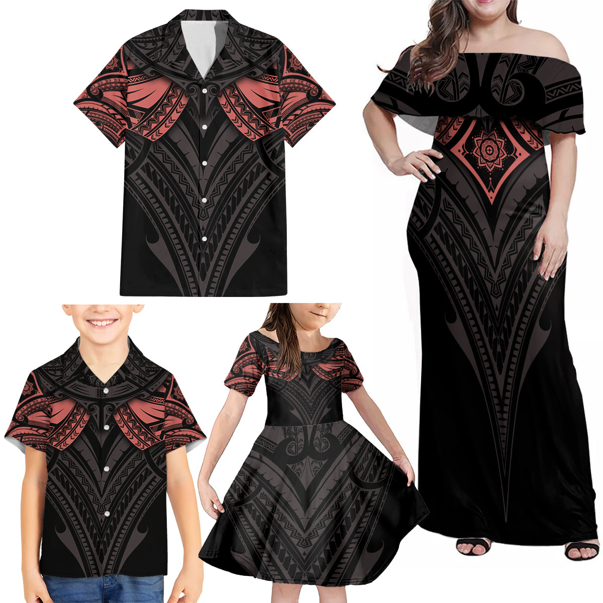 Feminine Polynesian Family Matching Off Shoulder Maxi Dress and Hawaiian Shirt Mandala Tattoo Style TS04 - Polynesian Pride