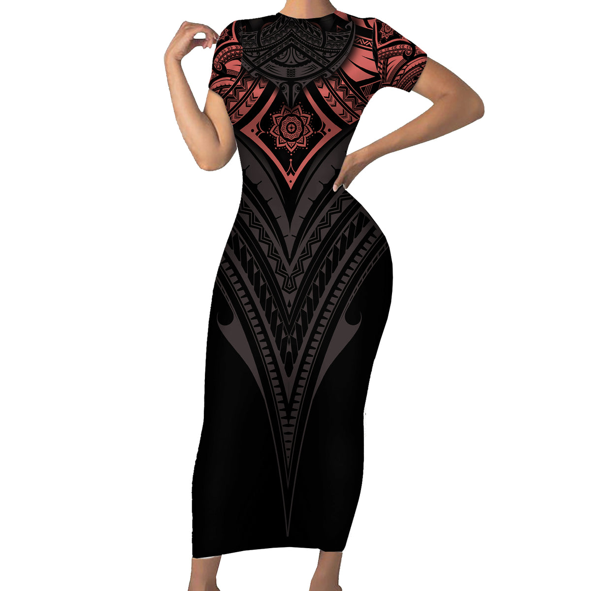 Feminine Polynesian Family Matching Short Sleeve Bodycon Dress and Hawaiian Shirt Mandala Tattoo Style TS04 Mom's Dress Black - Polynesian Pride