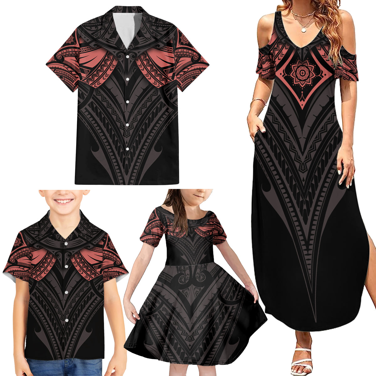 Feminine Polynesian Family Matching Summer Maxi Dress and Hawaiian Shirt Mandala Tattoo Style TS04 - Polynesian Pride