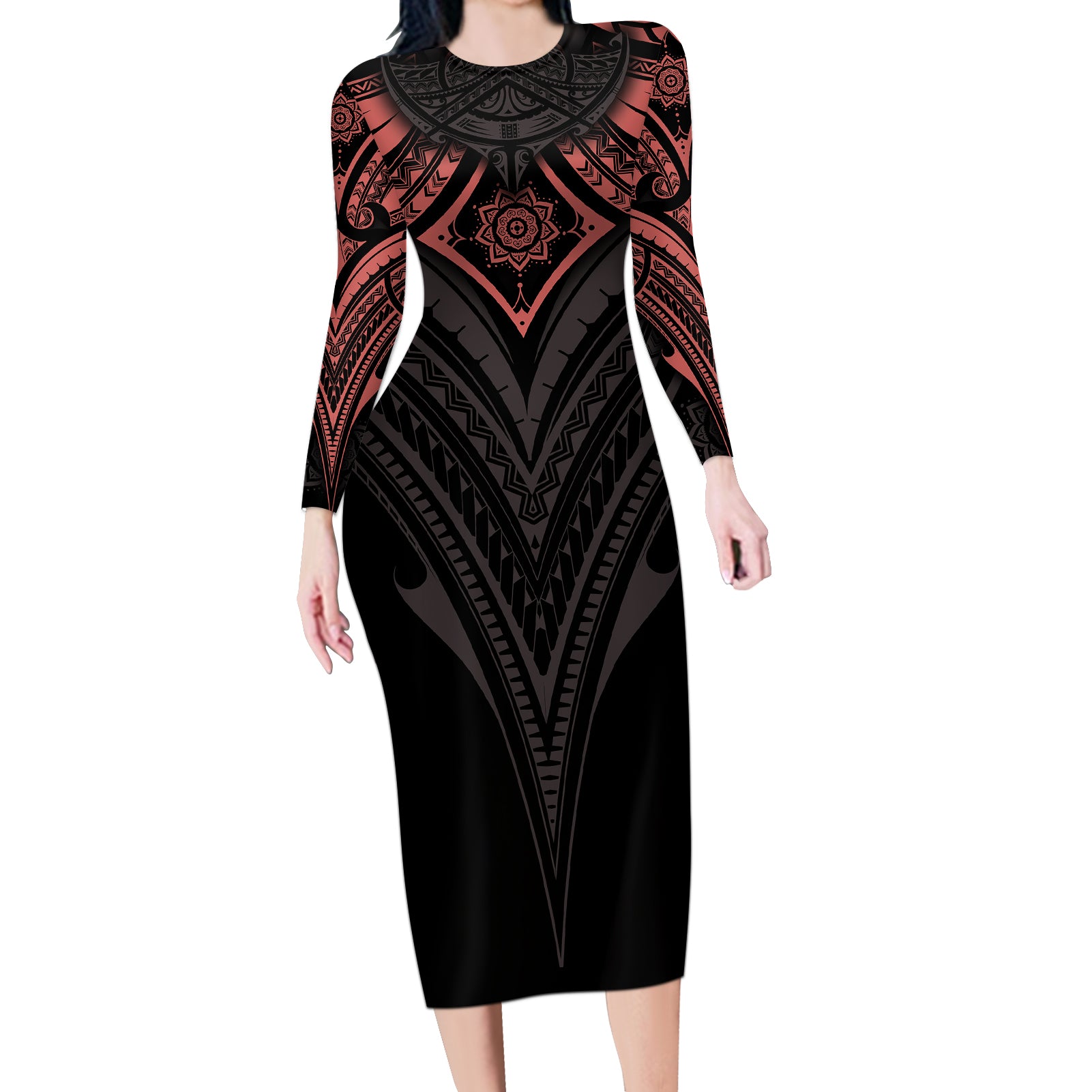 Feminine Polynesian Long Sleeve Bodycon Dress Mandala Tattoo Style TS04 Long Dress Black - Polynesian Pride