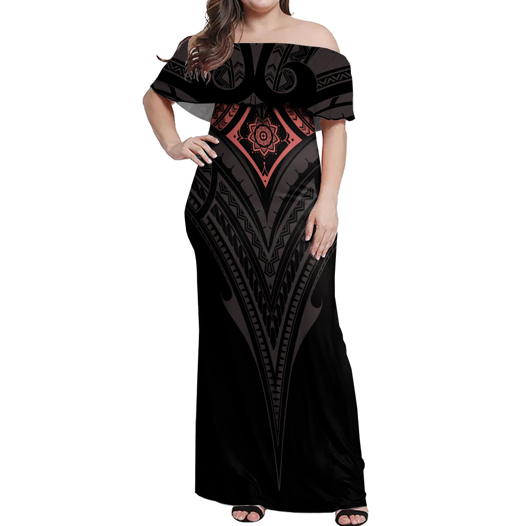 Feminine Polynesian Off Shoulder Maxi Dress Mandala Tattoo Style TS04 Women Black - Polynesian Pride