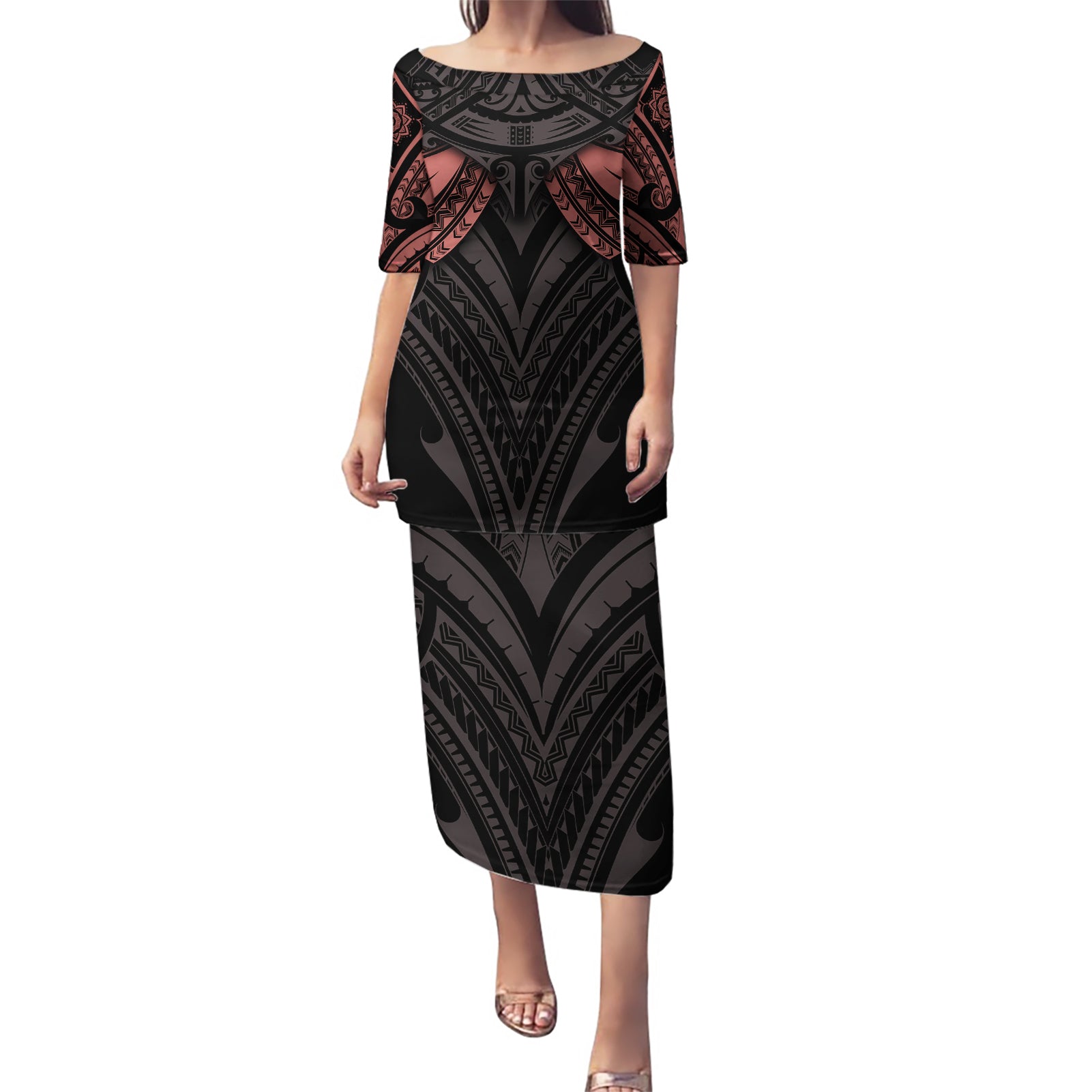 Feminine Polynesian Puletasi Mandala Tattoo Style TS04 Long Dress Black - Polynesian Pride