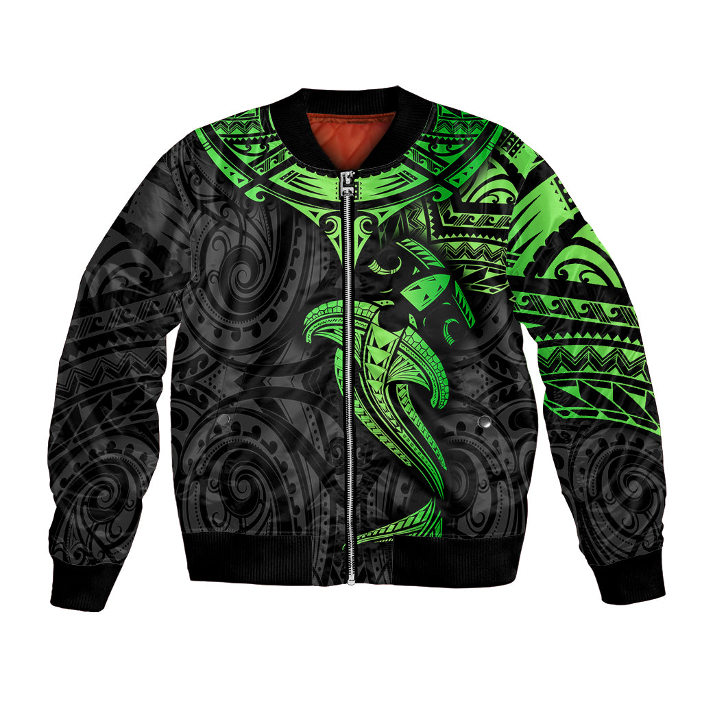 Polynesian Bomber Jacket Hammerhead Shark Tribal Pattern Black Green Version TS04 Unisex Black Green - Polynesian Pride