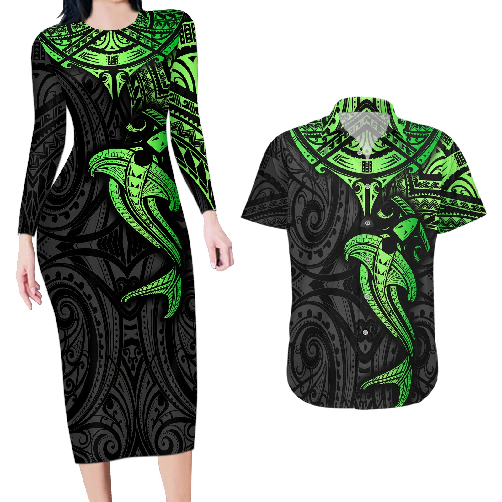 Polynesian Couples Matching Long Sleeve Bodycon Dress and Hawaiian Shirt Hammerhead Shark Tribal Pattern Black Green Version TS04 Black Green - Polynesian Pride