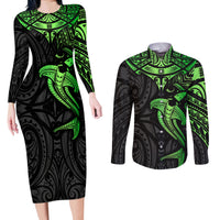 Polynesian Couples Matching Long Sleeve Bodycon Dress and Long Sleeve Button Shirts Hammerhead Shark Tribal Pattern Black Green Version TS04 Black Green - Polynesian Pride