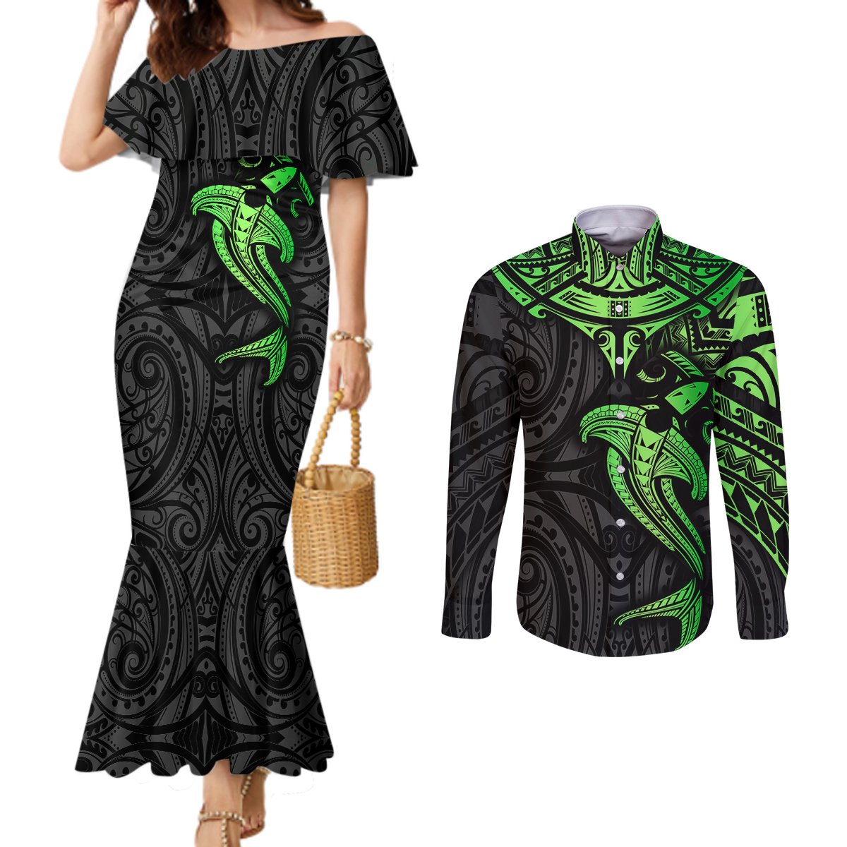 Polynesian Couples Matching Mermaid Dress and Long Sleeve Button Shirts Hammerhead Shark Tribal Pattern Black Green Version TS04 Black Green - Polynesian Pride