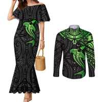 Polynesian Couples Matching Mermaid Dress and Long Sleeve Button Shirts Hammerhead Shark Tribal Pattern Black Green Version TS04 Black Green - Polynesian Pride
