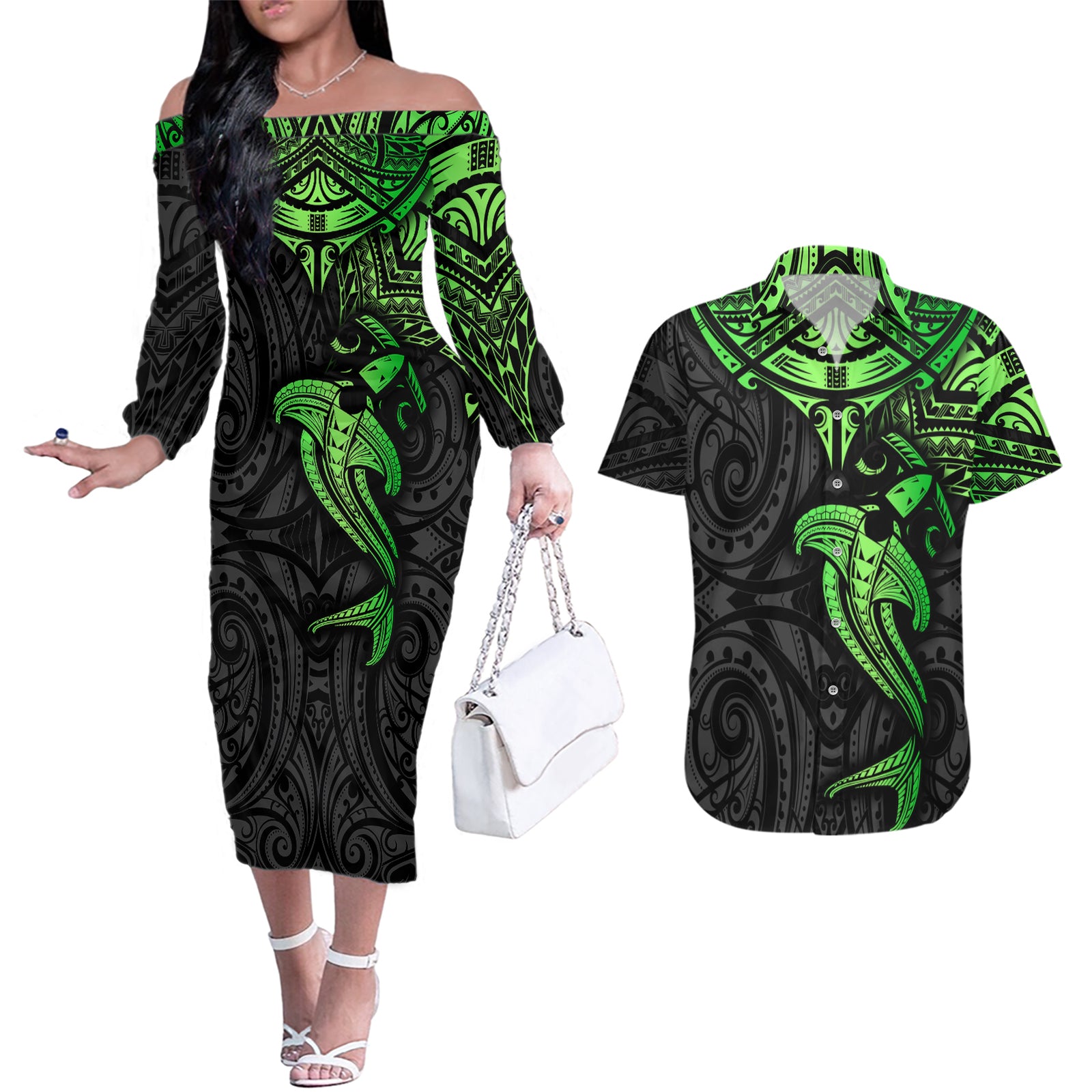 Polynesian Couples Matching Off The Shoulder Long Sleeve Dress and Hawaiian Shirt Hammerhead Shark Tribal Pattern Black Green Version TS04 Black Green - Polynesian Pride