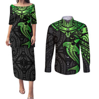 Polynesian Couples Matching Puletasi Dress and Long Sleeve Button Shirts Hammerhead Shark Tribal Pattern Black Green Version TS04 Black Green - Polynesian Pride