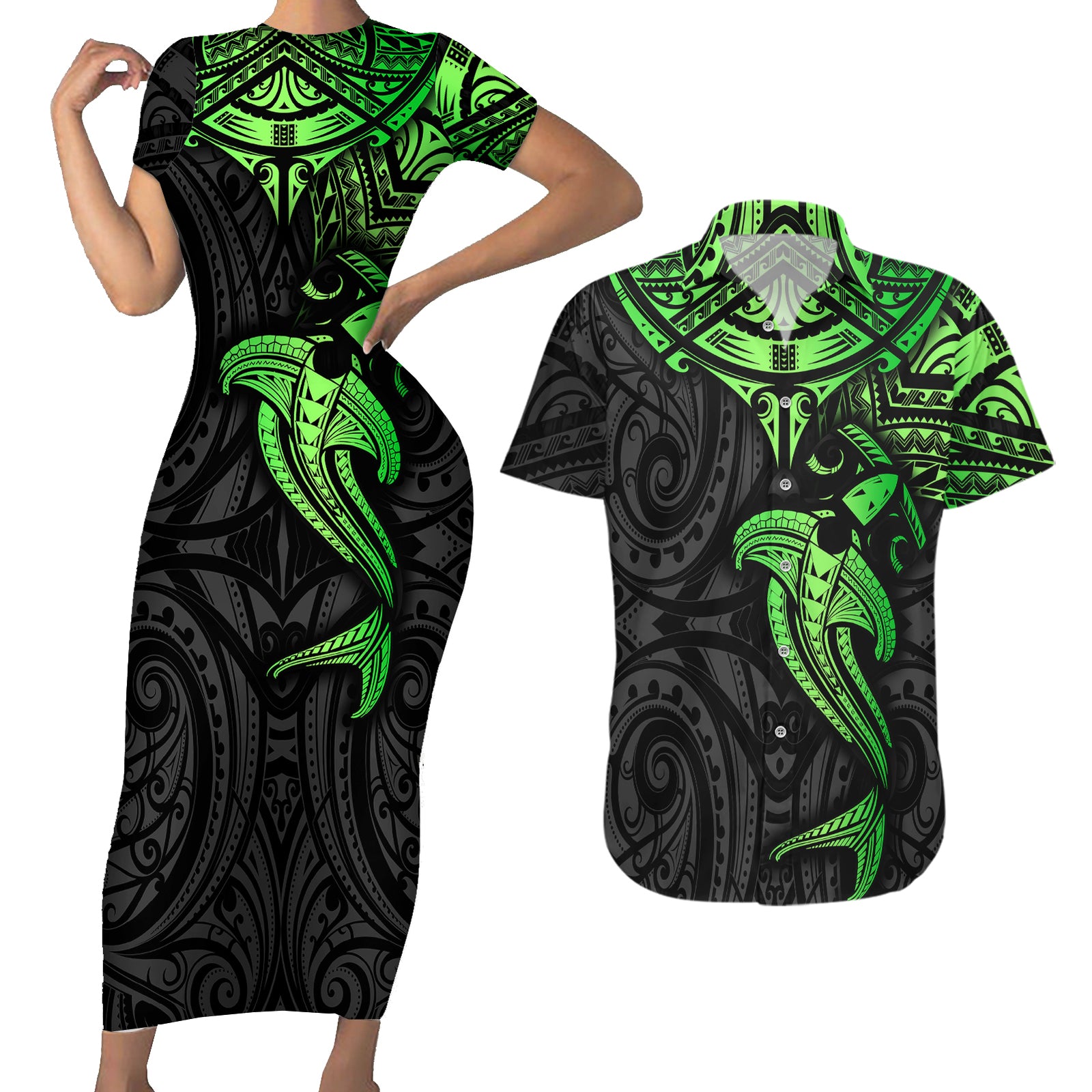 Polynesian Couples Matching Short Sleeve Bodycon Dress and Hawaiian Shirt Hammerhead Shark Tribal Pattern Black Green Version TS04 Black Green - Polynesian Pride