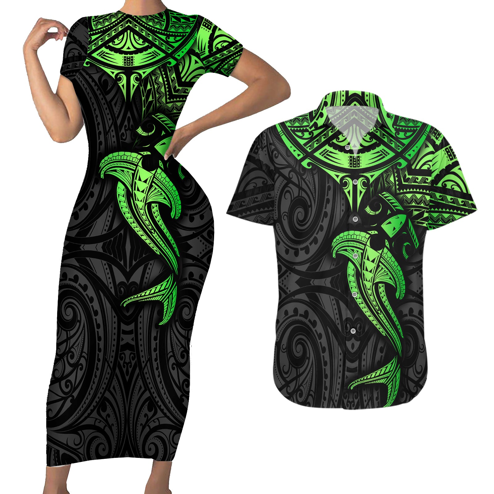 Polynesian Couples Matching Short Sleeve Bodycon Dress and Hawaiian Shirt Hammerhead Shark Tribal Pattern Black Green Version TS04 Black/Green - Polynesian Pride