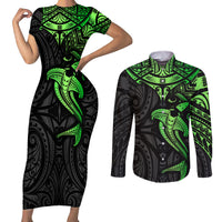 Polynesian Couples Matching Short Sleeve Bodycon Dress and Long Sleeve Button Shirts Hammerhead Shark Tribal Pattern Black Green Version TS04 Black Green - Polynesian Pride