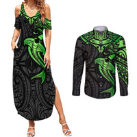 Polynesian Couples Matching Summer Maxi Dress and Long Sleeve Button Shirts Hammerhead Shark Tribal Pattern Black Green Version TS04 Black Green - Polynesian Pride
