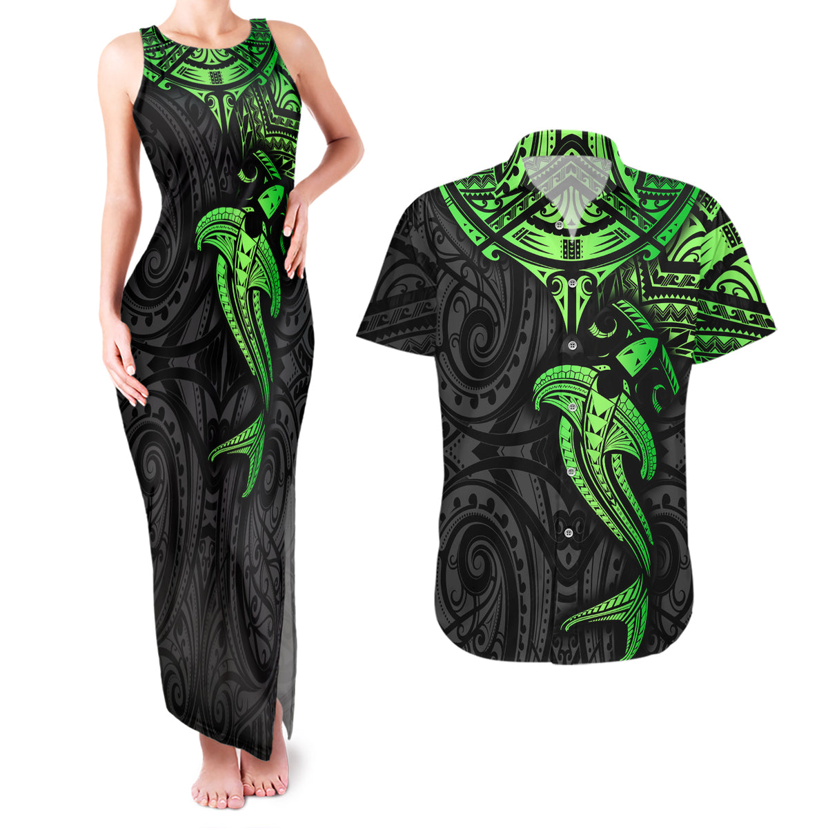 Polynesian Couples Matching Tank Maxi Dress and Hawaiian Shirt Hammerhead Shark Tribal Pattern Black Green Version TS04 Black Green - Polynesian Pride