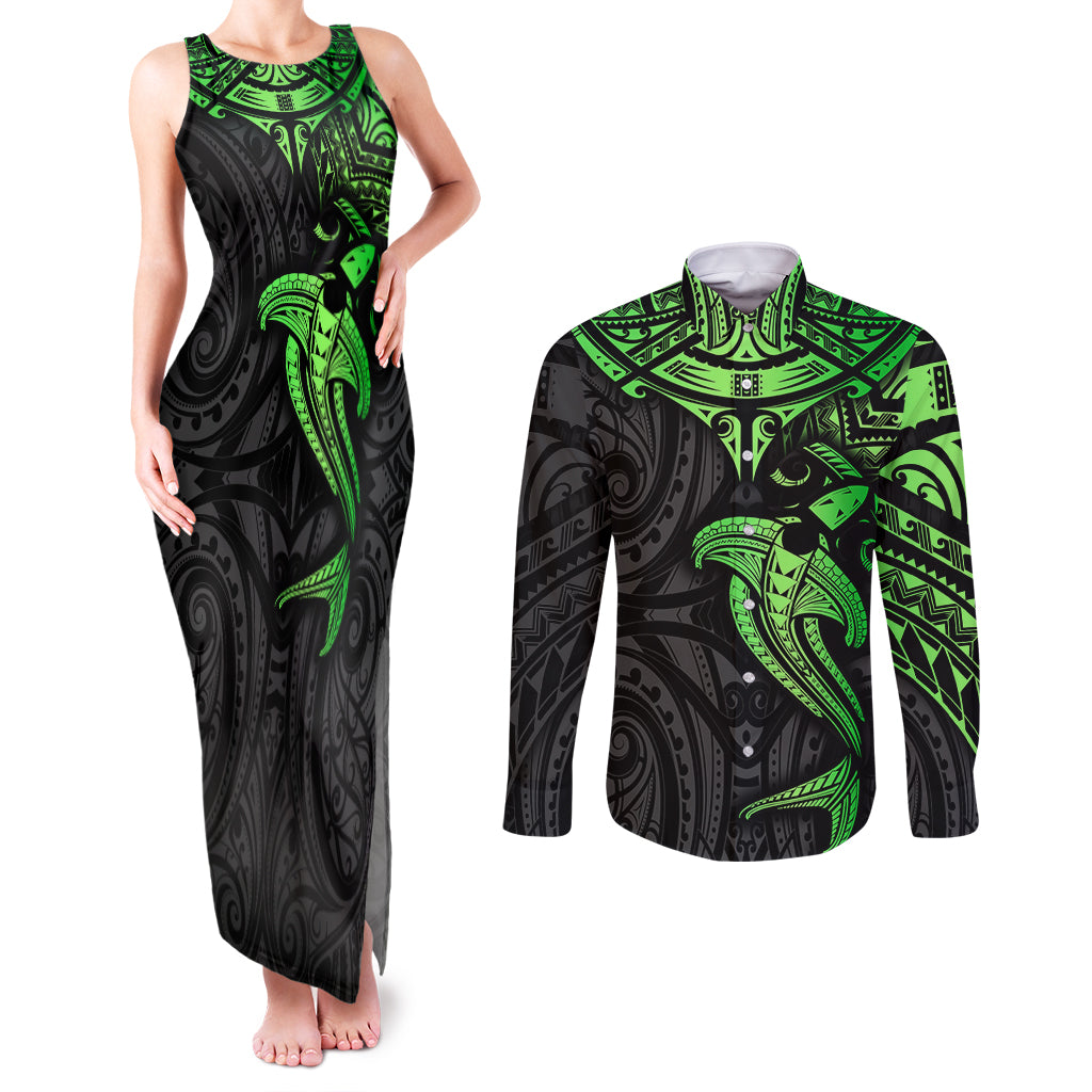 Polynesian Couples Matching Tank Maxi Dress and Long Sleeve Button Shirts Hammerhead Shark Tribal Pattern Black Green Version TS04 Black Green - Polynesian Pride