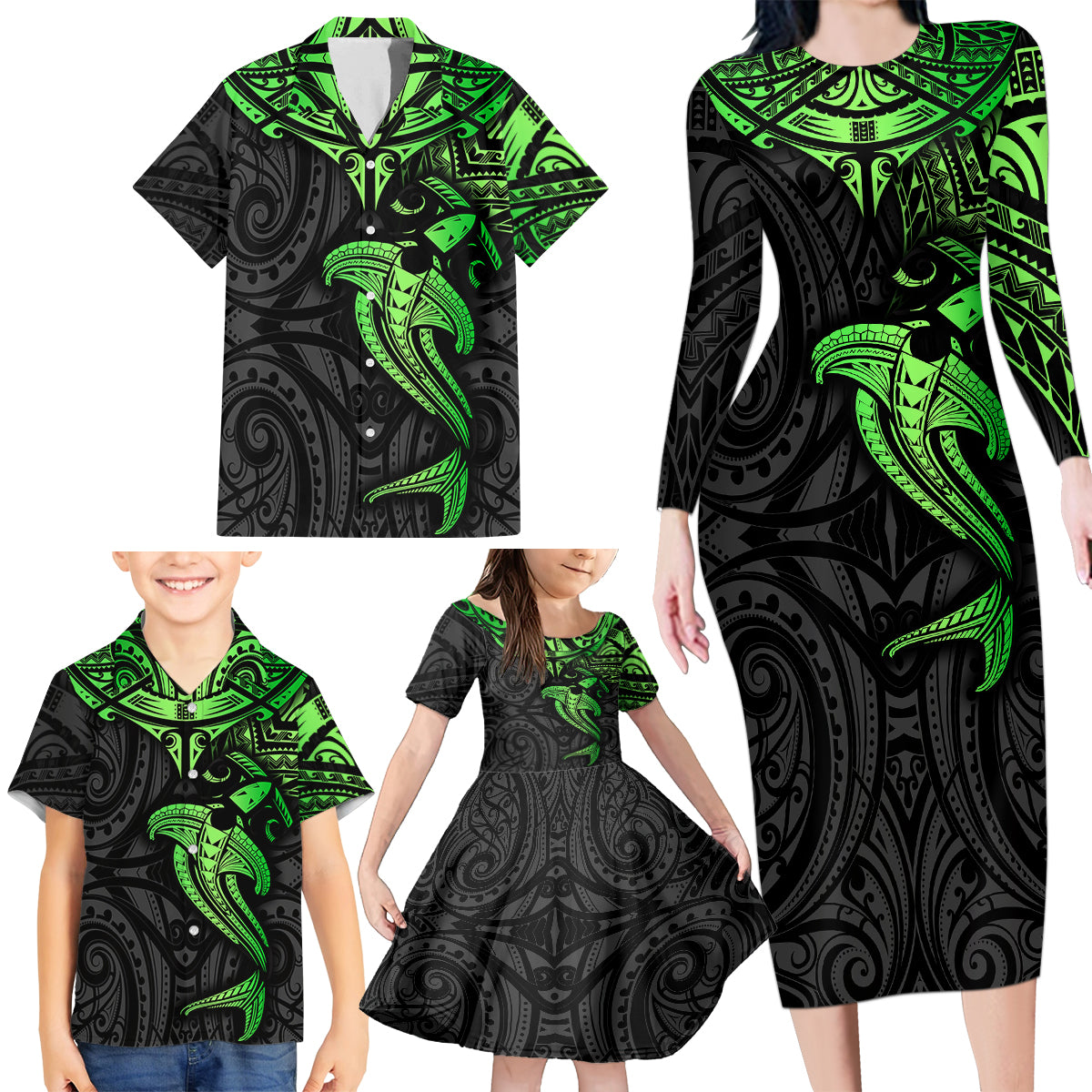 Polynesian Family Matching Long Sleeve Bodycon Dress and Hawaiian Shirt Hammerhead Shark Tribal Pattern Black Green Version TS04 - Polynesian Pride