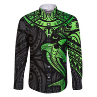 Polynesian Family Matching Mermaid Dress and Hawaiian Shirt Hammerhead Shark Tribal Pattern Black Green Version TS04 Dad's Shirt - Long Sleeve Black/Green - Polynesian Pride