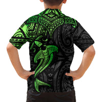 Polynesian Family Matching Off Shoulder Long Sleeve Dress and Hawaiian Shirt Hammerhead Shark Tribal Pattern Black Green Version TS04 - Polynesian Pride