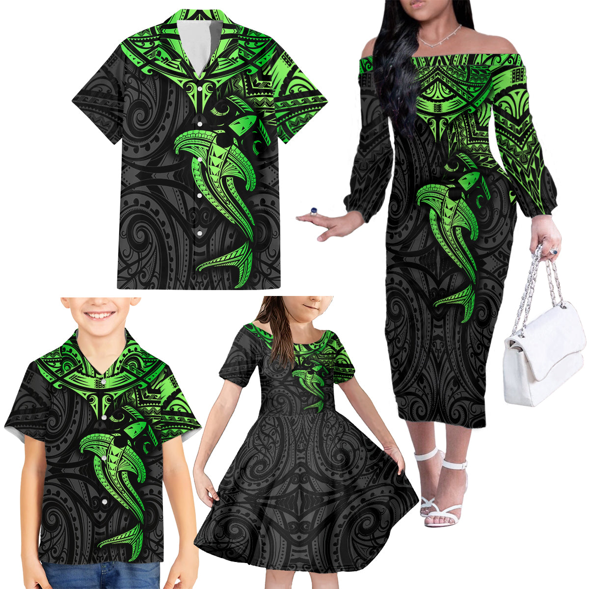 Polynesian Family Matching Off Shoulder Long Sleeve Dress and Hawaiian Shirt Hammerhead Shark Tribal Pattern Black Green Version TS04 - Polynesian Pride