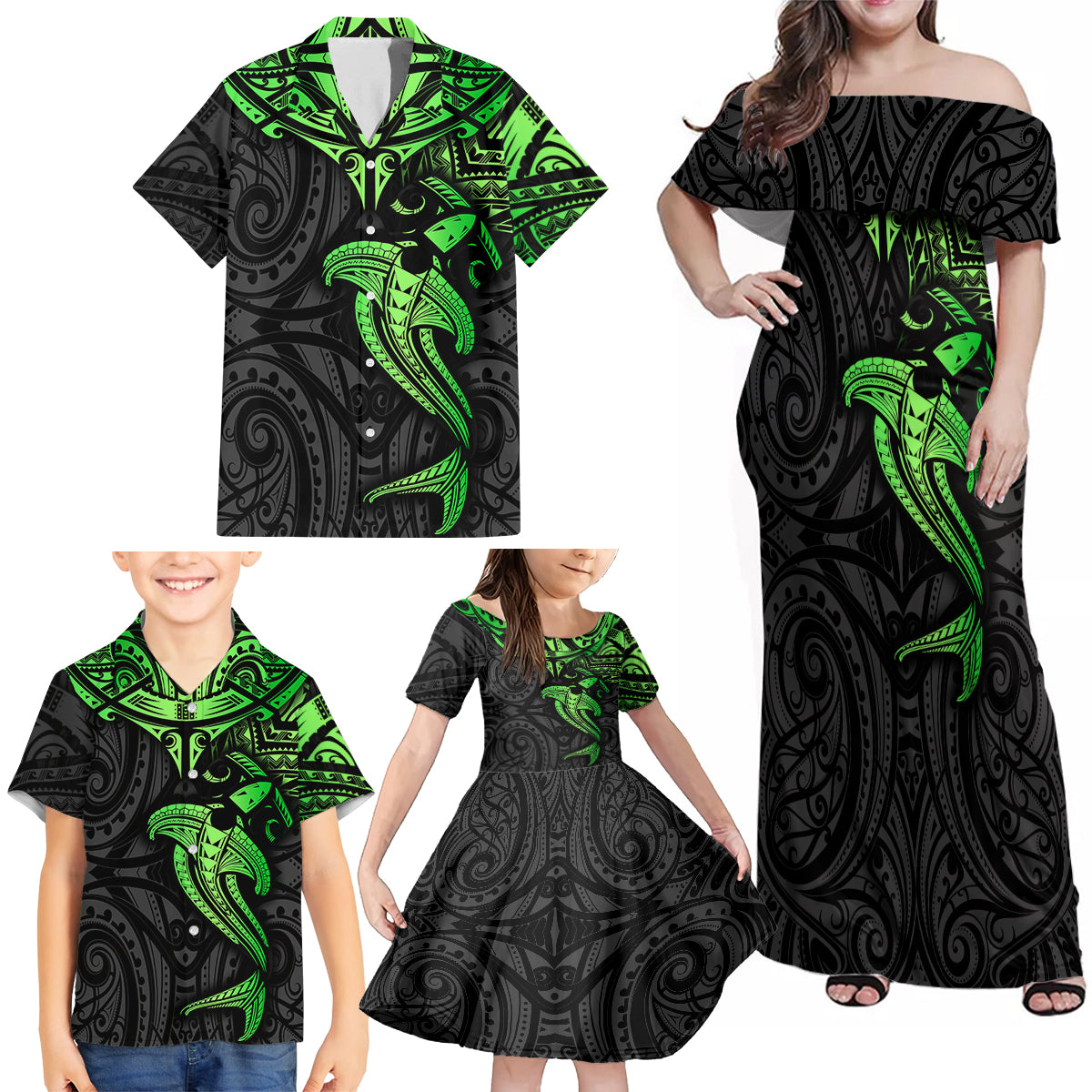 Polynesian Family Matching Off Shoulder Maxi Dress and Hawaiian Shirt Hammerhead Shark Tribal Pattern Black Green Version TS04 - Polynesian Pride
