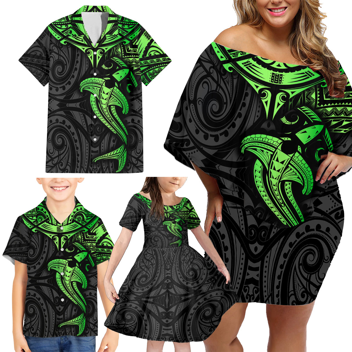 Polynesian Family Matching Off Shoulder Short Dress and Hawaiian Shirt Hammerhead Shark Tribal Pattern Black Green Version TS04 - Polynesian Pride