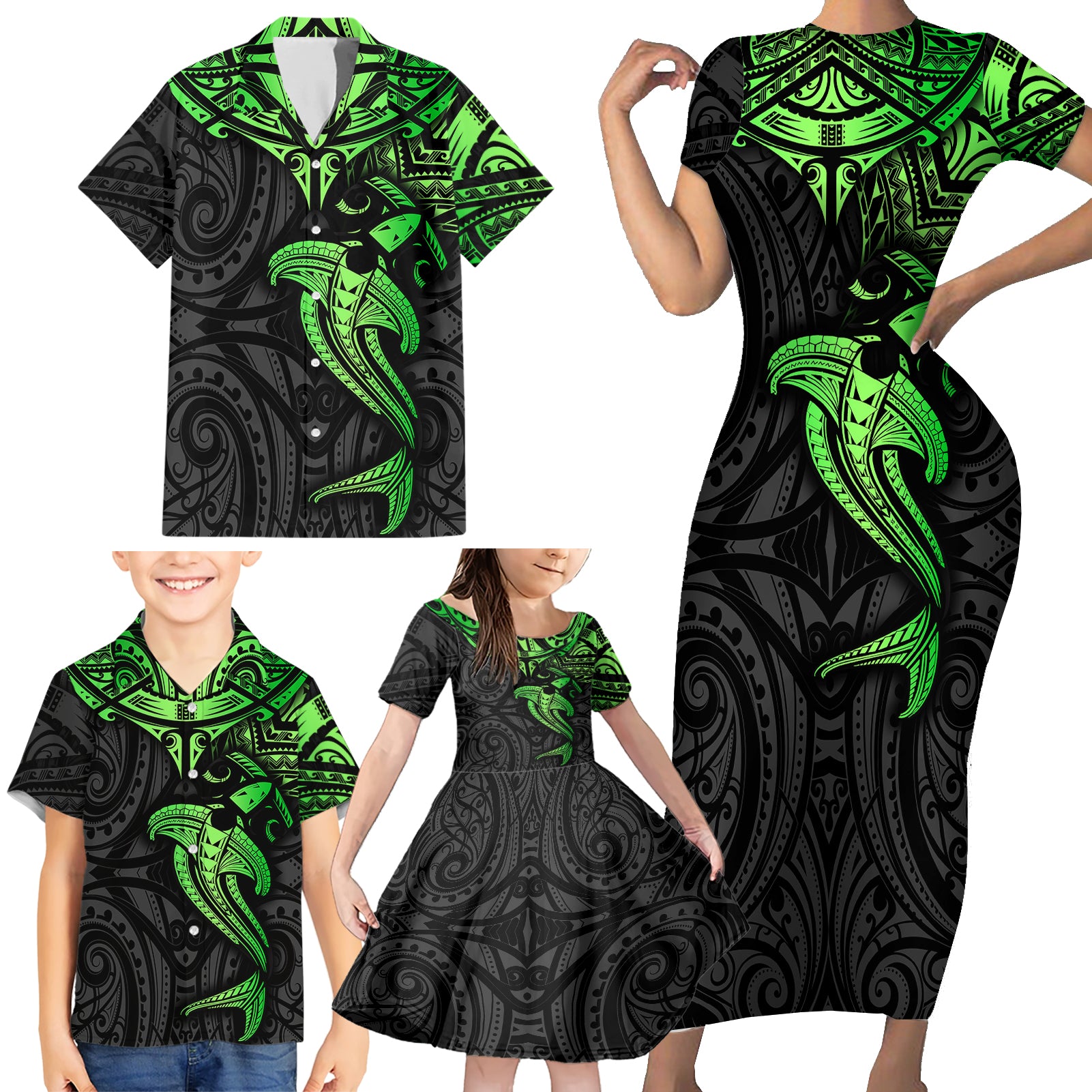 Polynesian Family Matching Short Sleeve Bodycon Dress and Hawaiian Shirt Hammerhead Shark Tribal Pattern Black Green Version TS04 - Polynesian Pride