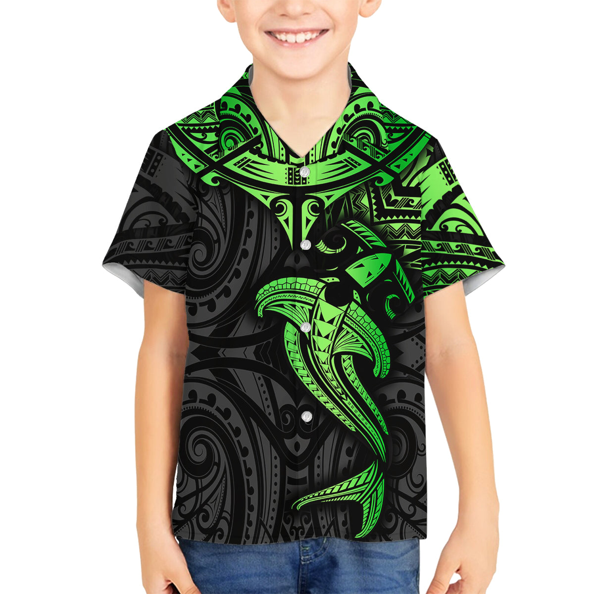 Polynesian Family Matching Tank Maxi Dress and Hawaiian Shirt Hammerhead Shark Tribal Pattern Black Green Version TS04 Son's Shirt Black Green - Polynesian Pride