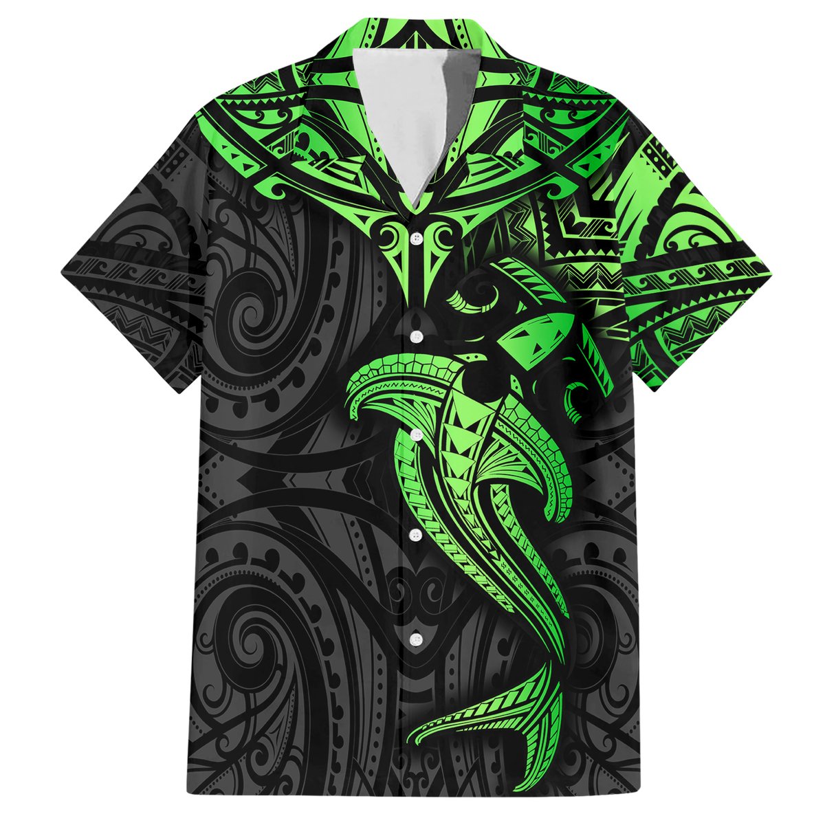 Polynesian Hawaiian Shirt Hammerhead Shark Tribal Pattern Black Green Version TS04 Black Green - Polynesian Pride
