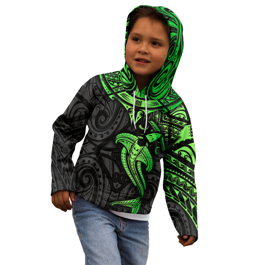 Polynesian Kid Hoodie Hammerhead Shark Tribal Pattern Black Green Version TS04 - Polynesian Pride