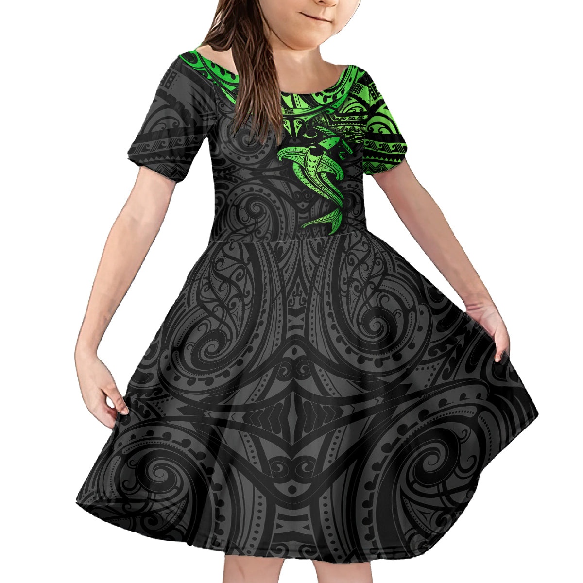 Polynesian Kid Short Sleeve Dress Hammerhead Shark Tribal Pattern Black Green Version TS04 KID Black/Green - Polynesian Pride