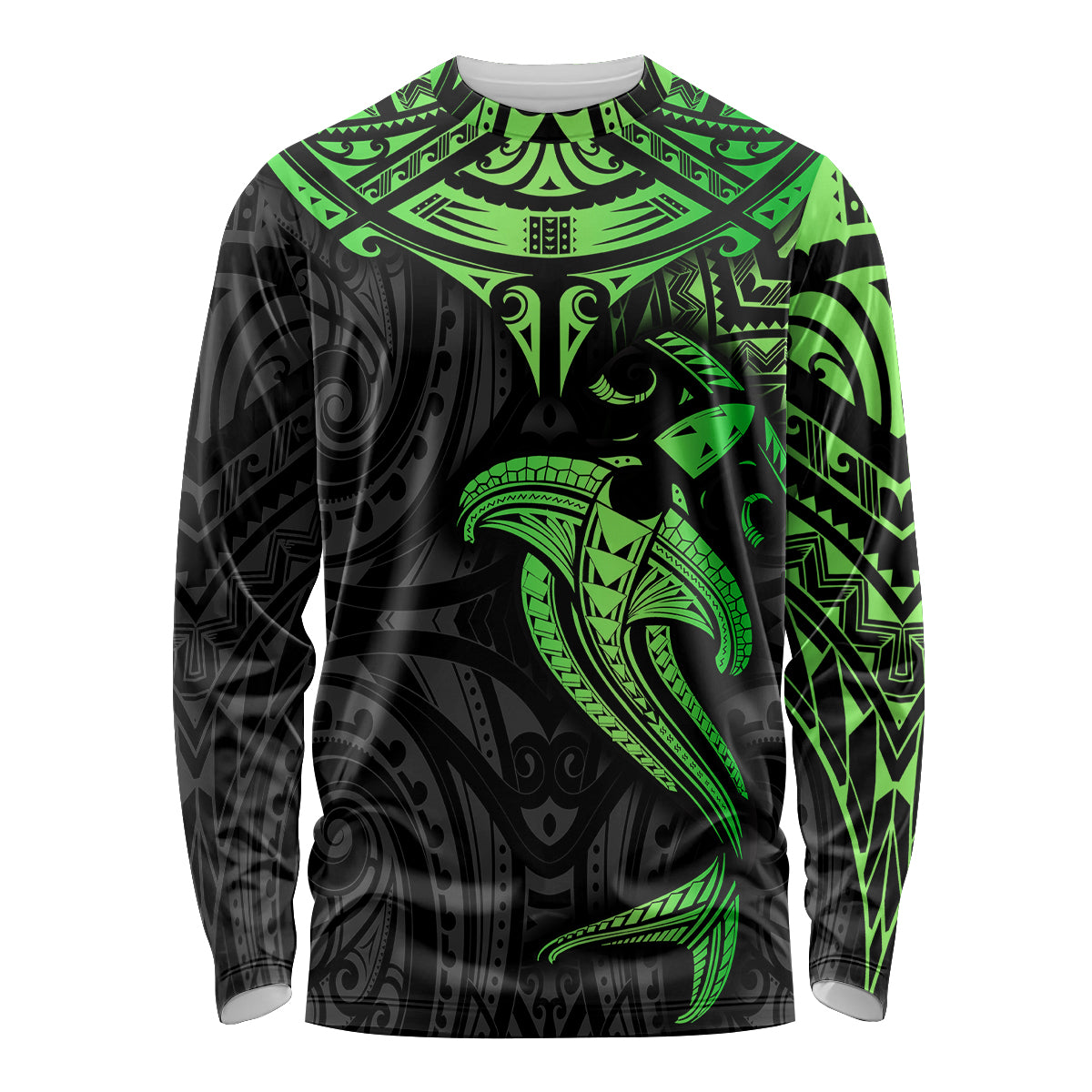 Polynesian Long Sleeve Shirt Hammerhead Shark Tribal Pattern Black Green Version TS04 Unisex Black Green - Polynesian Pride