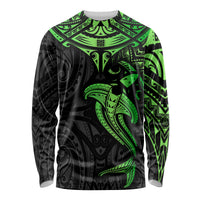 Polynesian Long Sleeve Shirt Hammerhead Shark Tribal Pattern Black Green Version TS04 Unisex Black Green - Polynesian Pride