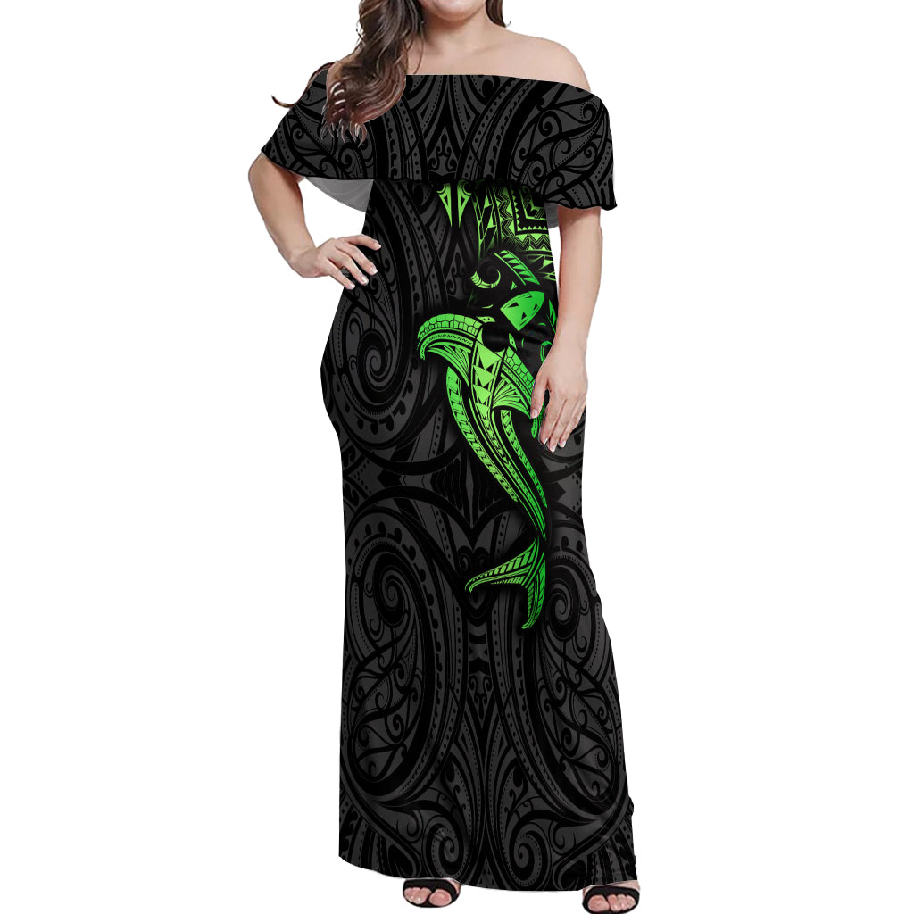 Polynesian Off Shoulder Maxi Dress Hammerhead Shark Tribal Pattern Black Green Version TS04 Women Black/Green - Polynesian Pride