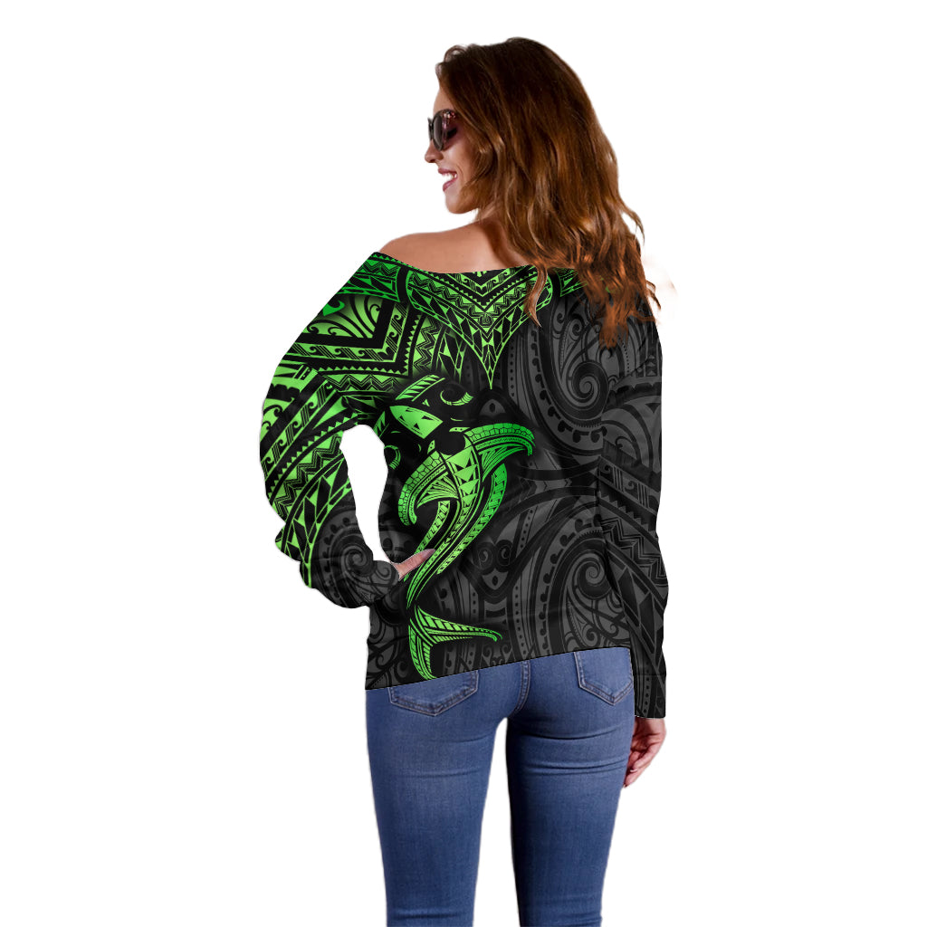 Polynesian Off Shoulder Sweater Hammerhead Shark Tribal Pattern Black Green Version TS04 - Polynesian Pride
